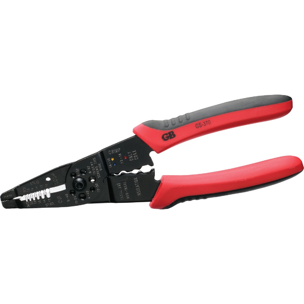 Red and black wire stripper tool with hardened steel jaws and ergonomic grips for home improvement tasks
