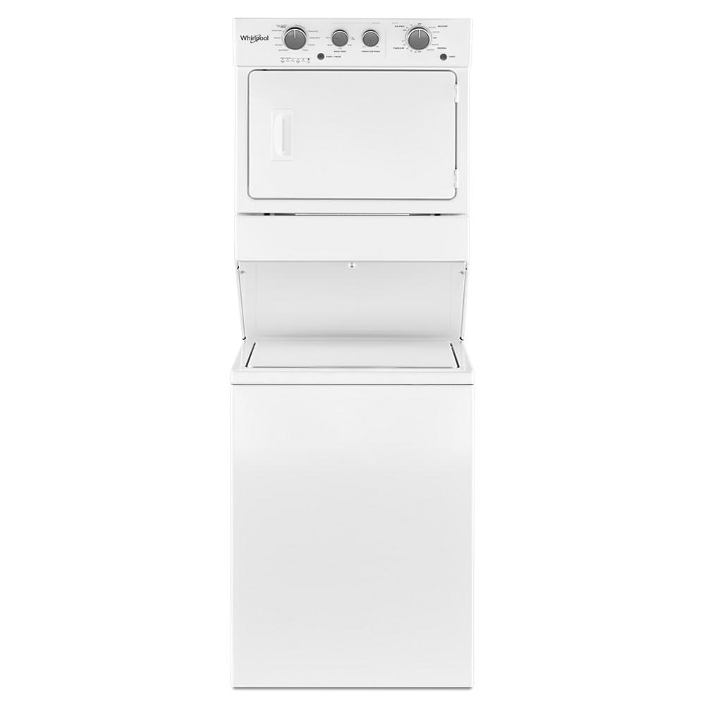 White stacked electric laundry center with top front-load dryer featuring control knobs and bottom top-load washer, part of appliance laundry centers at Hartville Hardware.