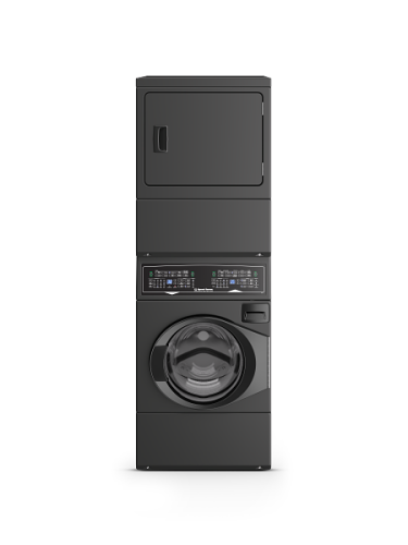 Black stacked front load washer and electric dryer with digital controls, designed for compact laundry spaces and appliance centers