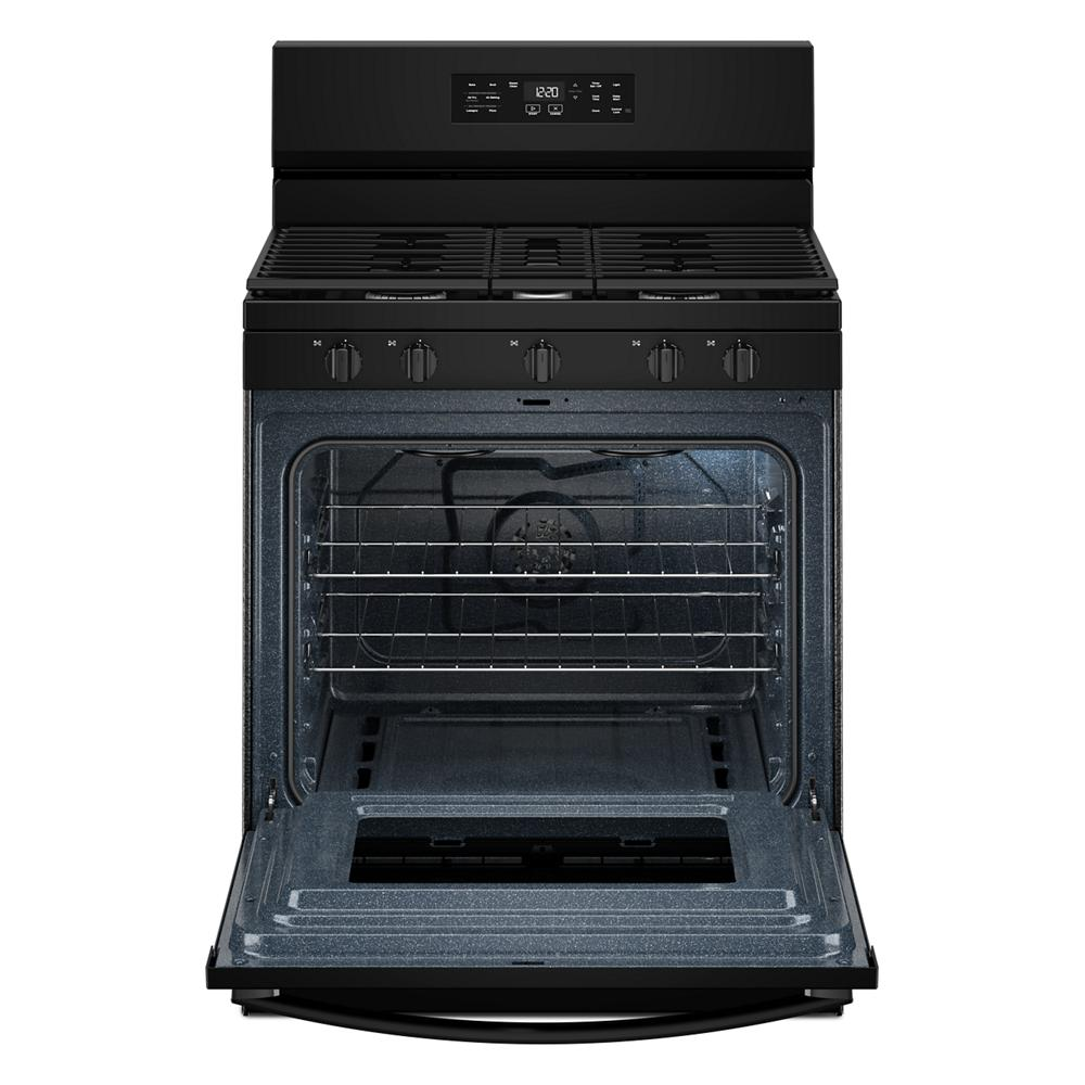 Open black 30-inch gas range with Air Cooking Technology featuring burners and oven interior with racks from ranges collection