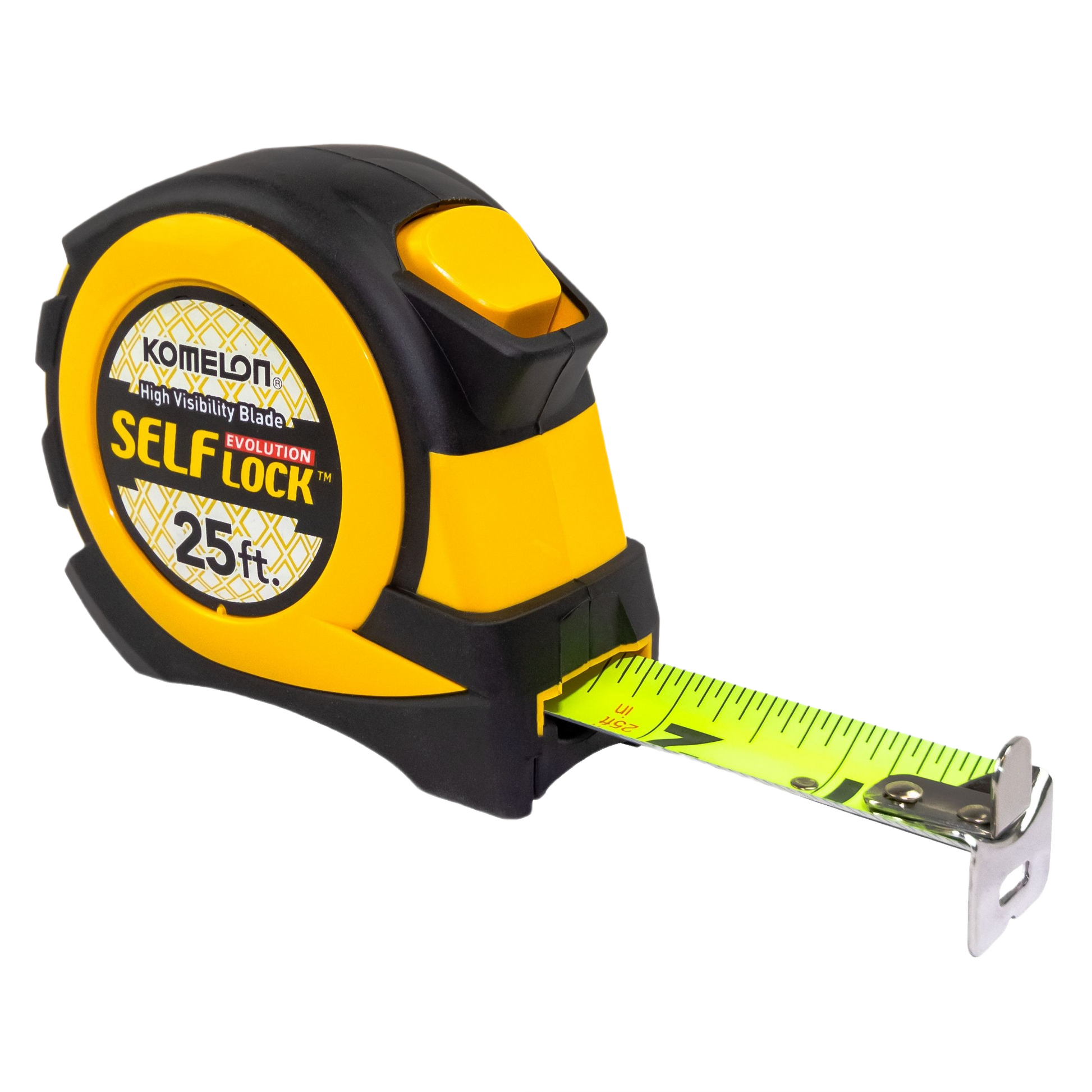 Yellow and black 25-foot self-locking tape measure with nylon-coated steel blade for woodworking and home improvement tools