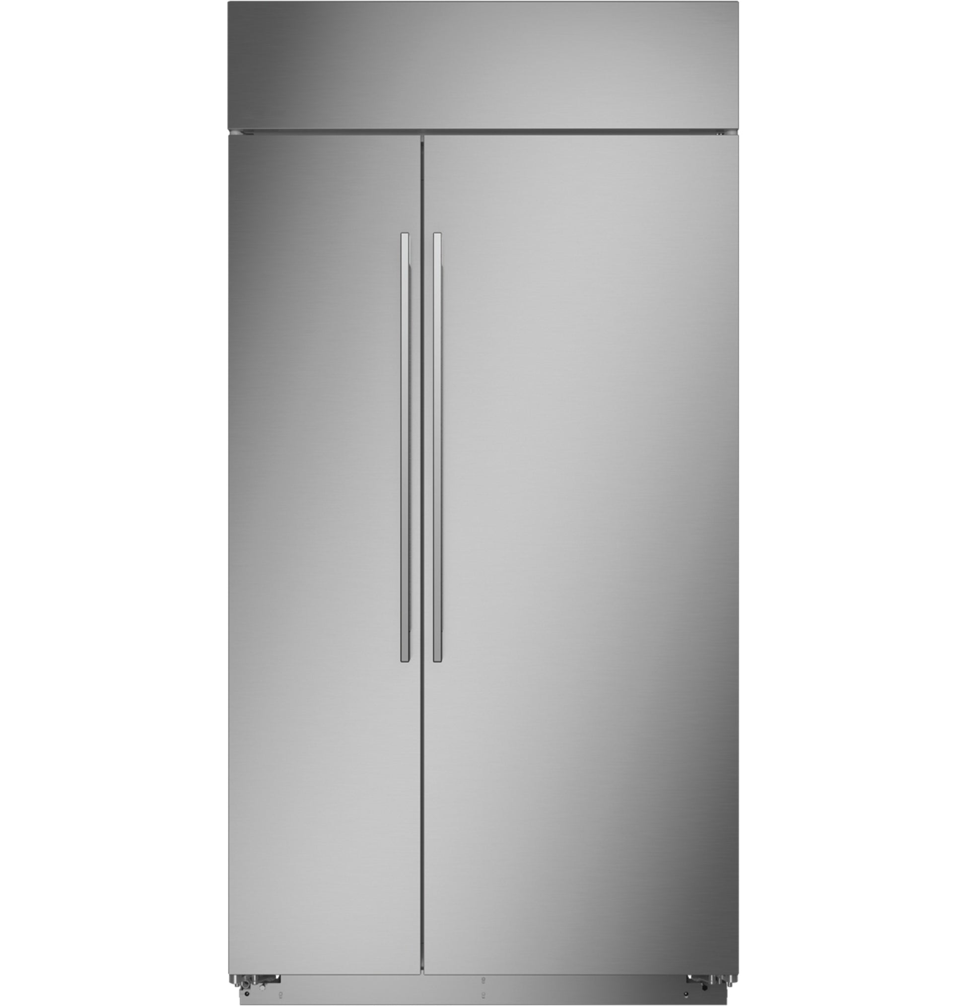 Built-in stainless steel side-by-side refrigerator with vertical handles for luxury kitchen and appliance collections