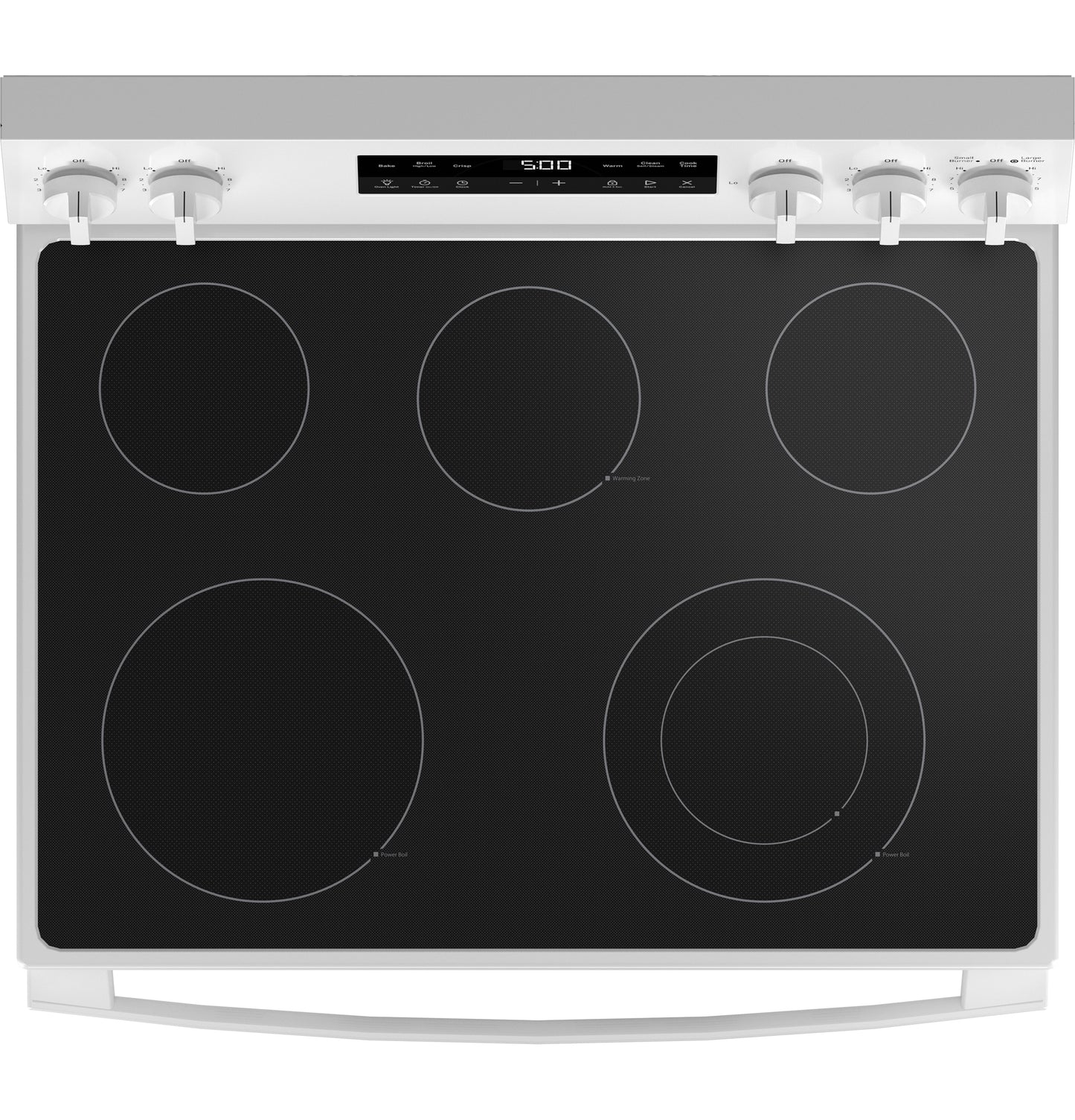Top view of white free-standing electric range with glass-ceramic cooktop and digital control panel from Electric Ranges collection