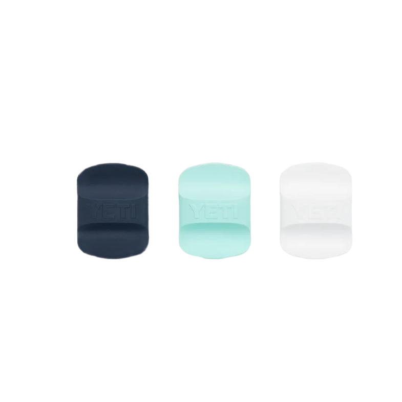 Set of three magnetic slider caps in black, seafoam, and white for customizable drinkware and kitchen accessories.