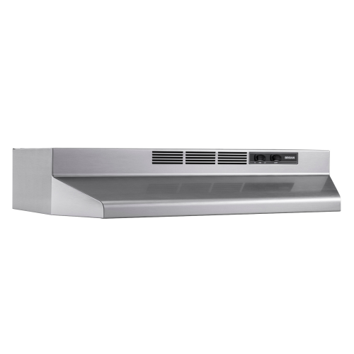Stainless steel non-vented range hood with simple controls and vent grille for home kitchen ventilation improvements