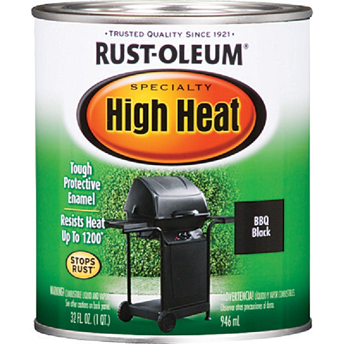 Rust-Oleum high heat enamel paint in black for BBQ grills, ideal for home improvement and specialty paint projects
