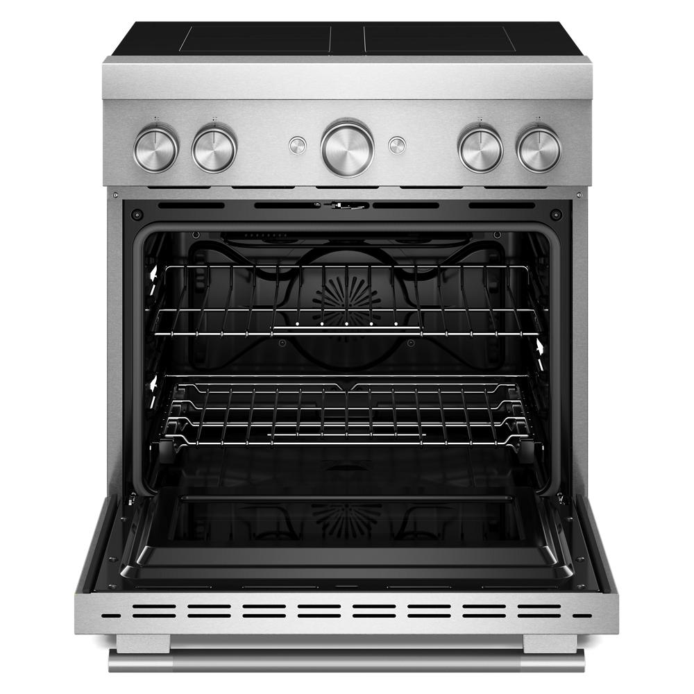 Stainless steel freestanding induction range with four heating elements, open oven door, and commercial-style control knobs