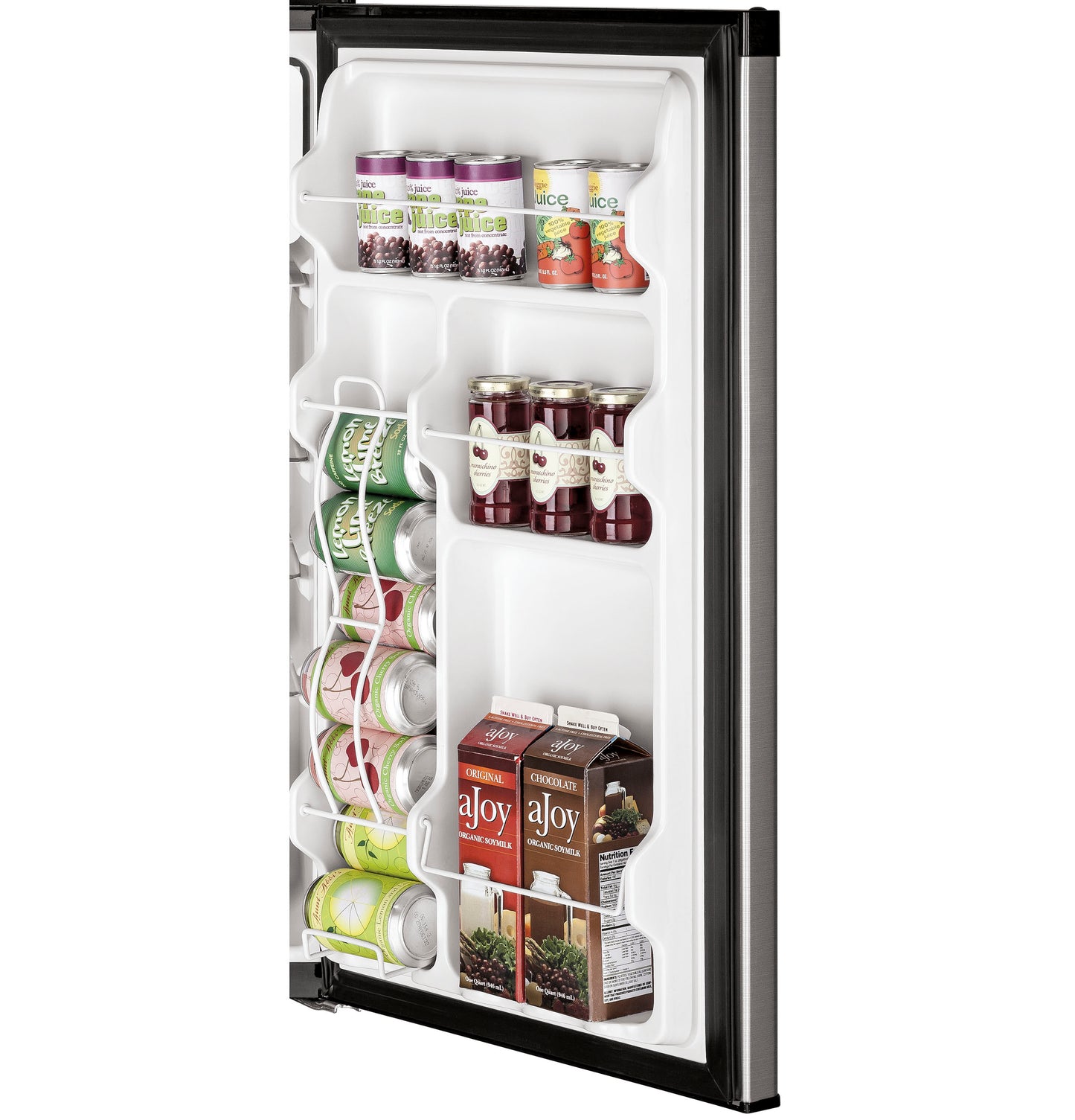 Open compact refrigerator door displaying organized beverage cans, bottles, and juice cartons in mini refrigerator collection