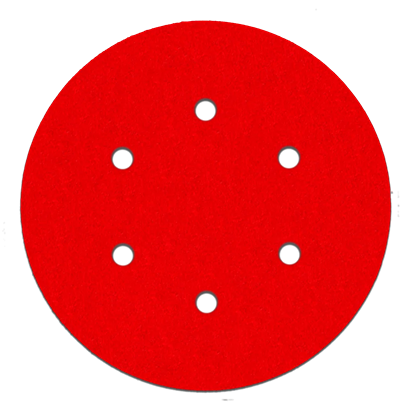 Red 6-inch sanding disc with six dust collection holes for power tool accessories and abrasives in home improvement collections