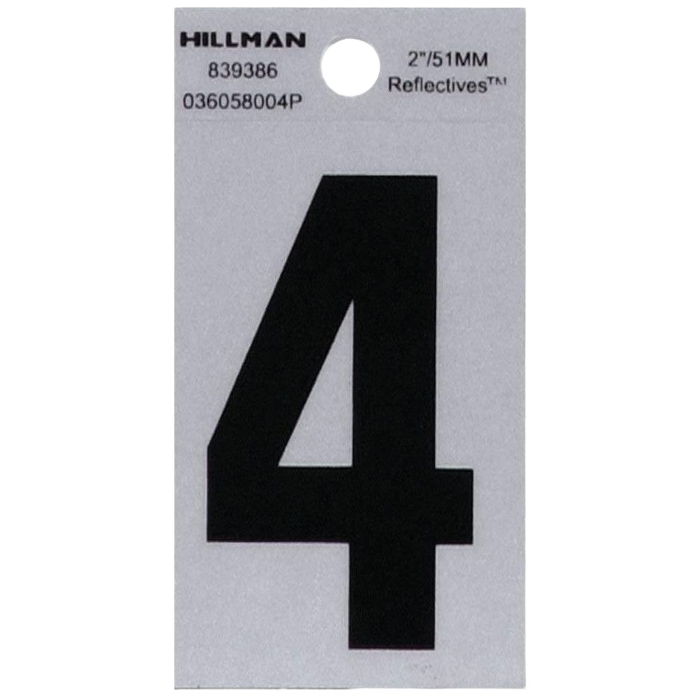 Black adhesive house number 4 with silver reflective backing for outdoor address display in hardware and home improvement collections