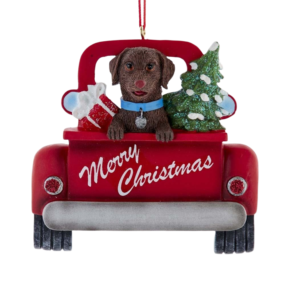 Red truck ornament with Brown Labrador, Christmas tree, and gifts in Christmas Ornaments & Tree Decorations under $50 collections