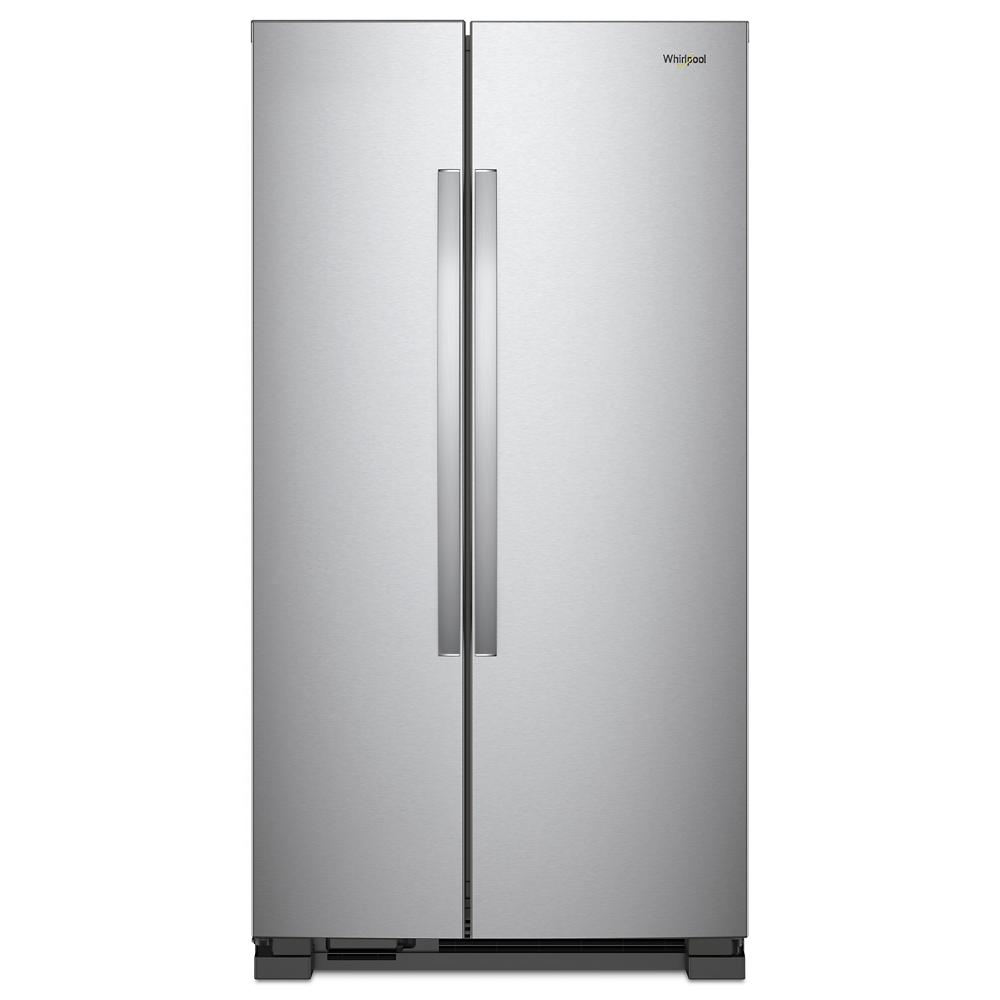 36-inch wide side-by-side stainless steel refrigerator with sleek handles in kitchen and appliances collection
