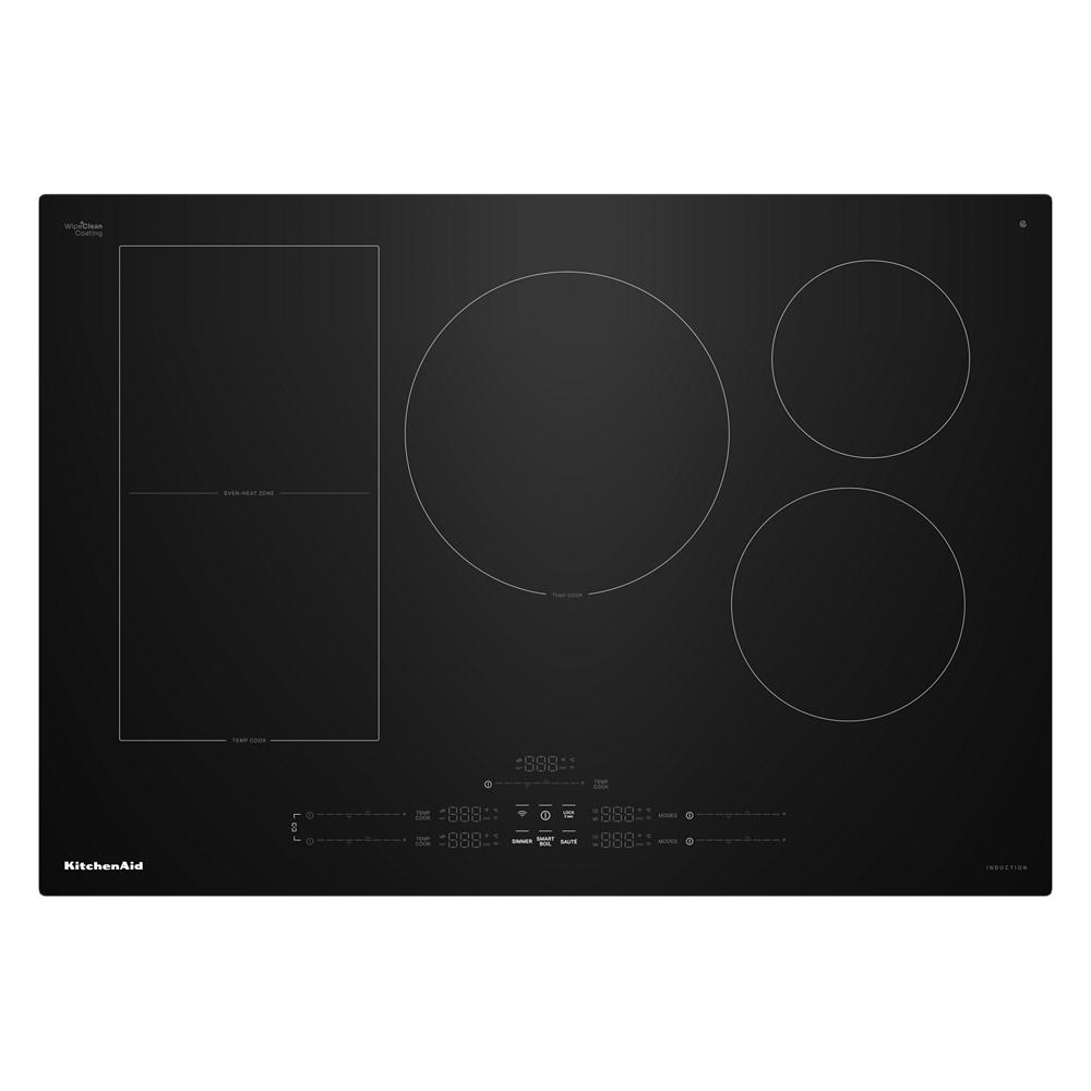 Black induction cooktop with five cooking zones and digital touch controls for KitchenAid appliances collections