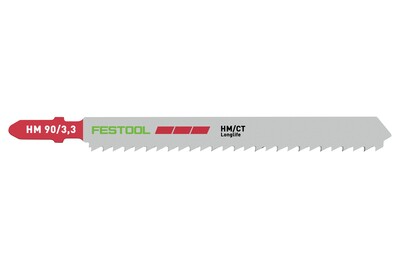 Single Festool saw blade with red shank and precision teeth for wood, metal, and plastic in power tool accessories.