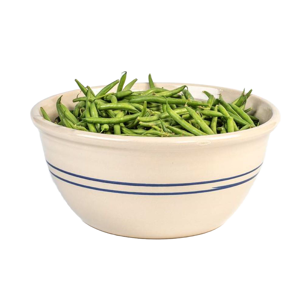 Stoneware mixing bowl with blue stripes filled with fresh green beans for kitchenware and serveware use under $100 collection