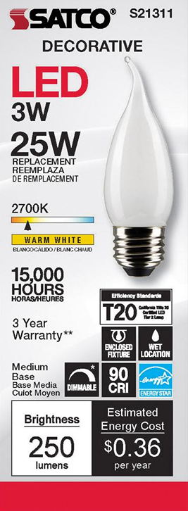 LED flame-tip bulb with warm white 2700K glow, dimmable with medium base for lighting and electrical under $50 collections