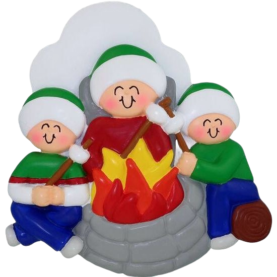 Three smiling figures roasting marshmallows over campfire in Christmas Ornaments & Tree Decorations under $50 collection