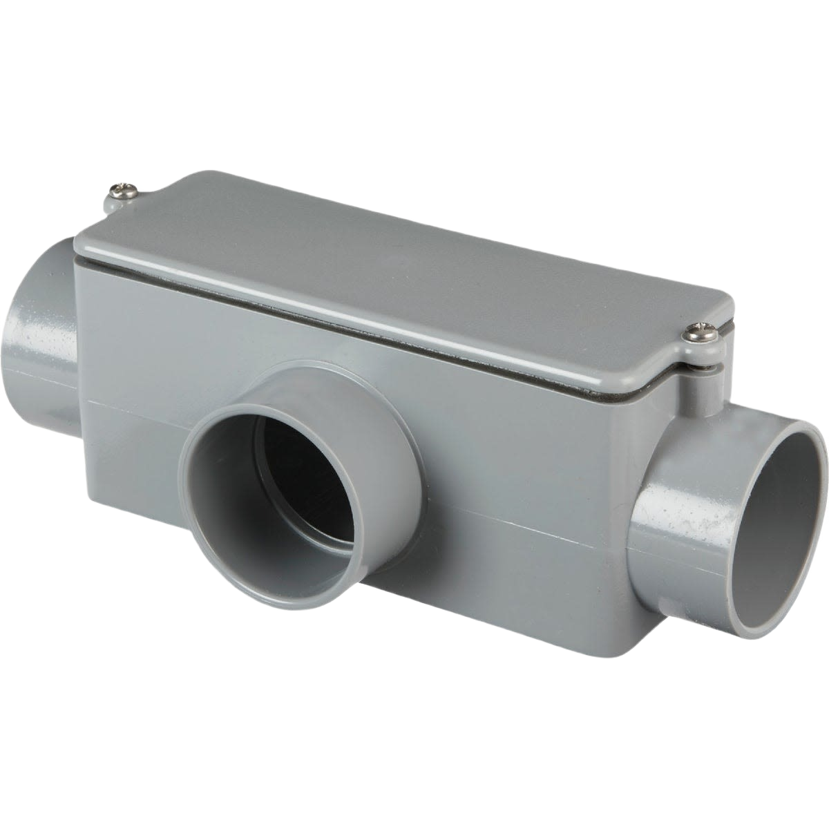 Gray PVC T access fitting with removable cover for plumbing and electrical conduit applications in home improvement projects