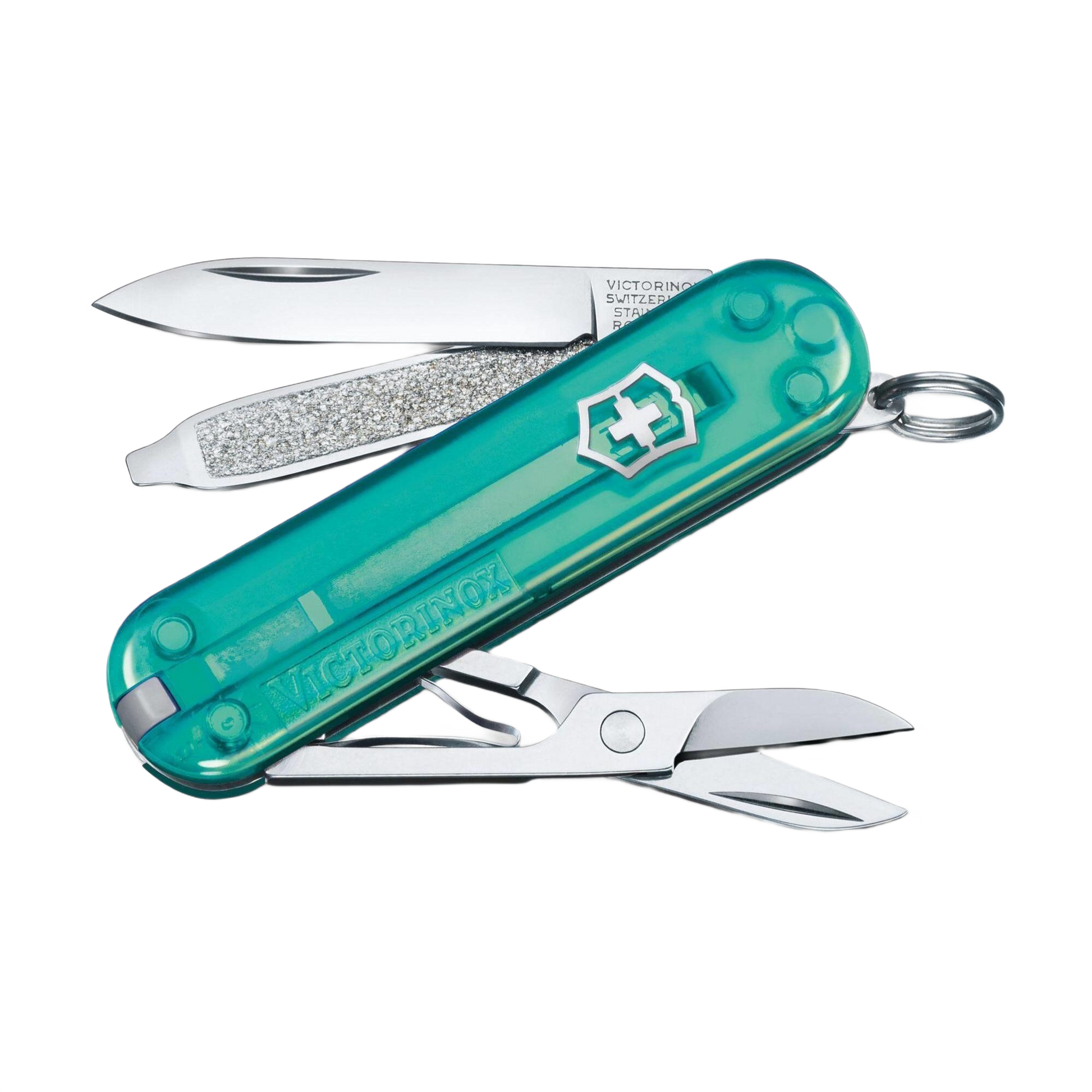 Compact multi-tool with transparent turquoise handle, scissors, nail file, and small blade for everyday use under $50