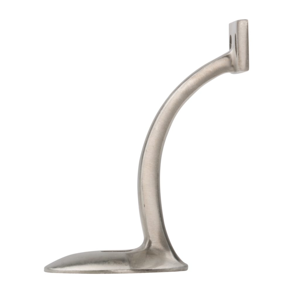 Curved stainless steel handrail bracket with mounting base, designed for secure wall attachment in home improvement projects