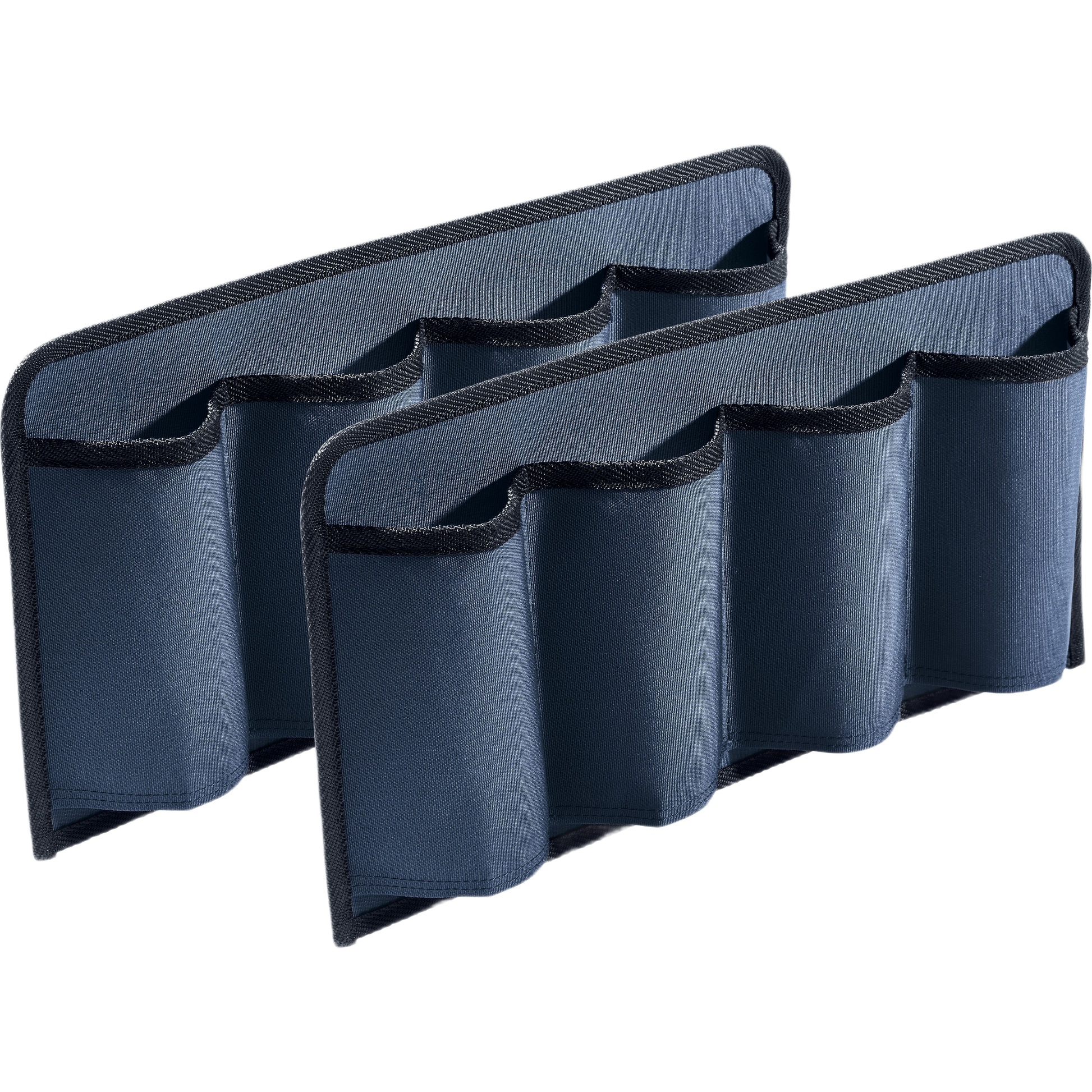 Set of two blue fabric tool holders with multiple pockets for organizing hand tools in workshop storage