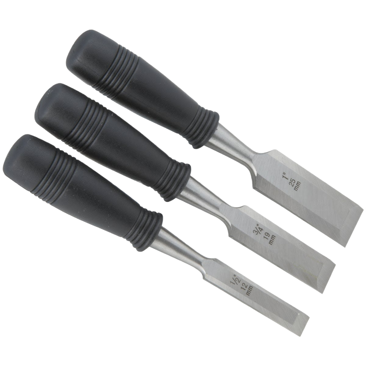 Set of three wood chisels with black ergonomic handles for precise woodworking and home improvement tasks