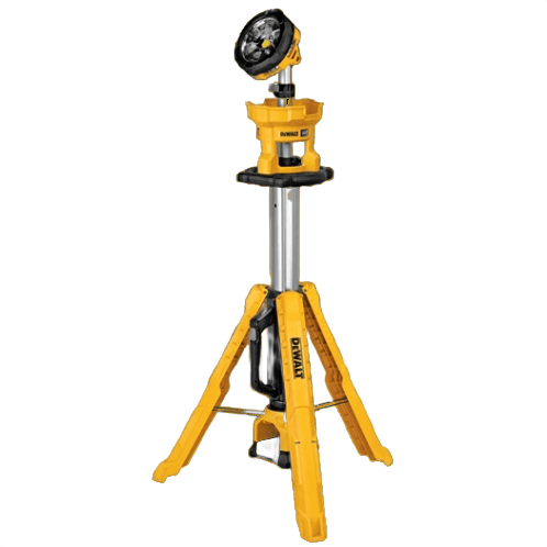 Yellow cordless tripod work light with adjustable head and sturdy legs for power tool accessories and home improvement use