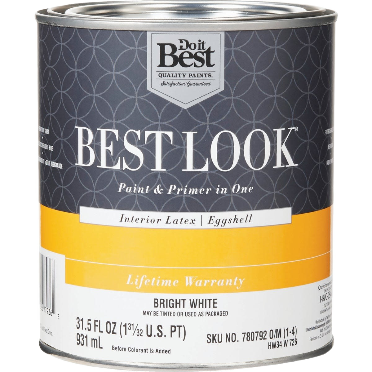 Quart can of bright white eggshell interior latex paint and primer in one for home improvement and interior paint collections