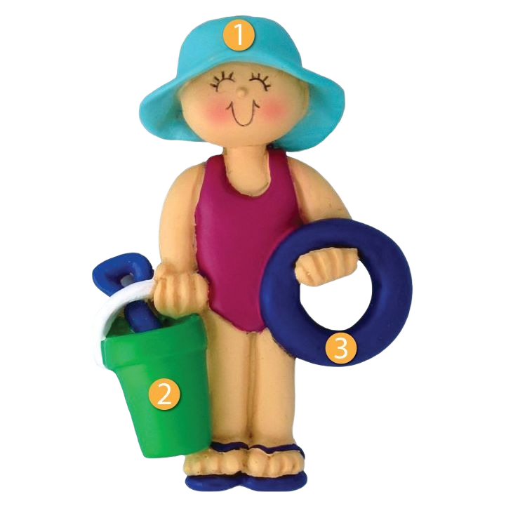 Personalized female child Christmas ornament holding beach bucket and float wearing blue sun hat under $50 collection