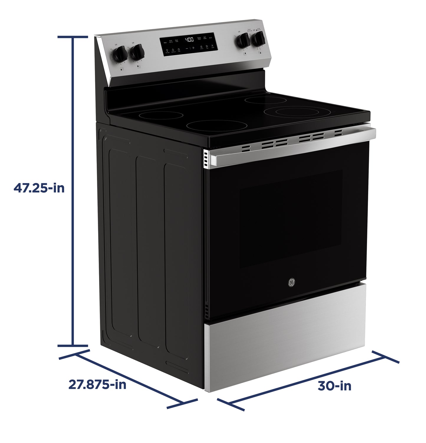 Modern stainless steel free-standing electric range with smooth cooktop and digital controls in kitchen appliances collection
