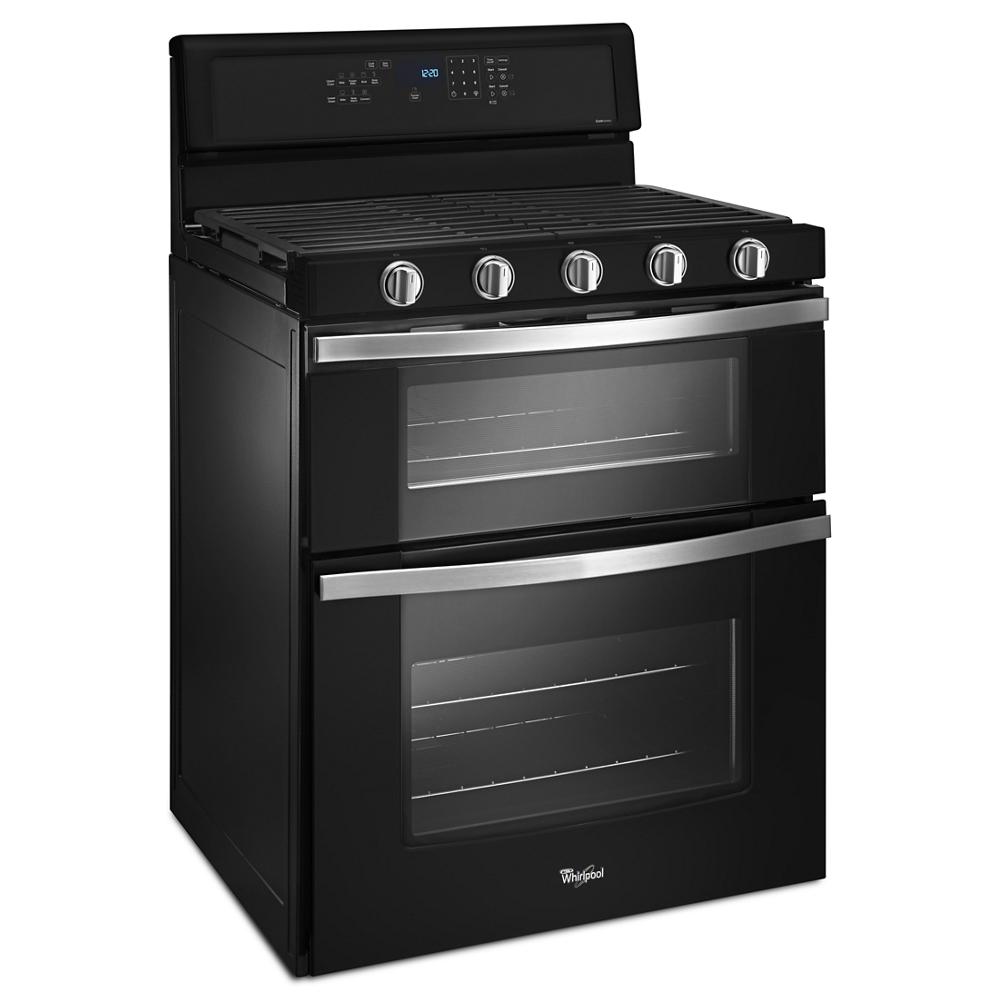 Black gas double oven range featuring five stainless steel control knobs, digital touch control panel, and EZ-2-Lift™ hinged grates for kitchen appliance use.