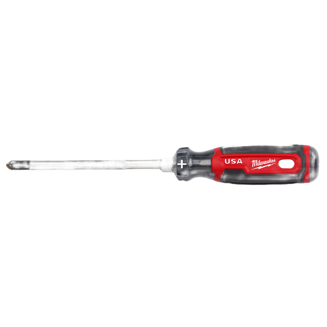 Red and black cushion grip Phillips screwdriver with a 6-inch shaft for tools and home improvement tasks