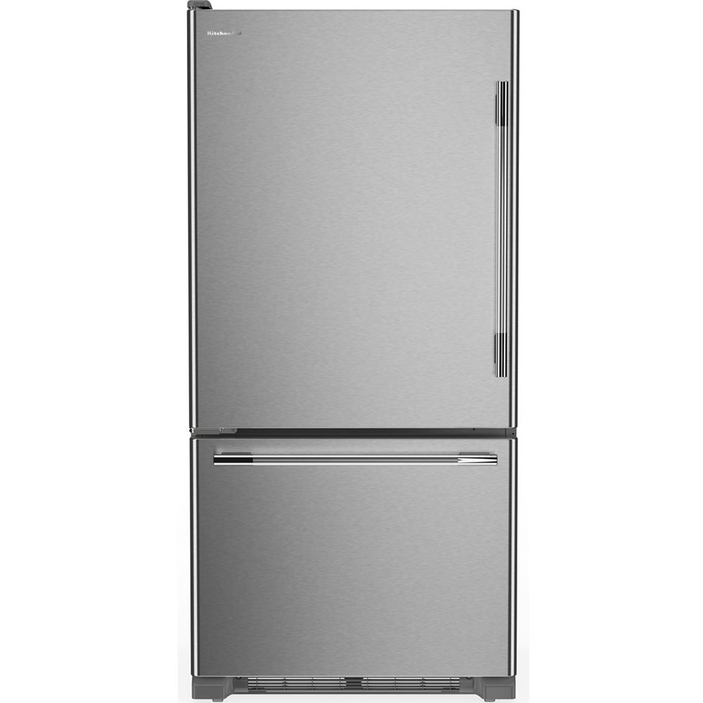 33-inch standard-depth bottom mount refrigerator in stainless steel finish from KitchenAid Appliances collection