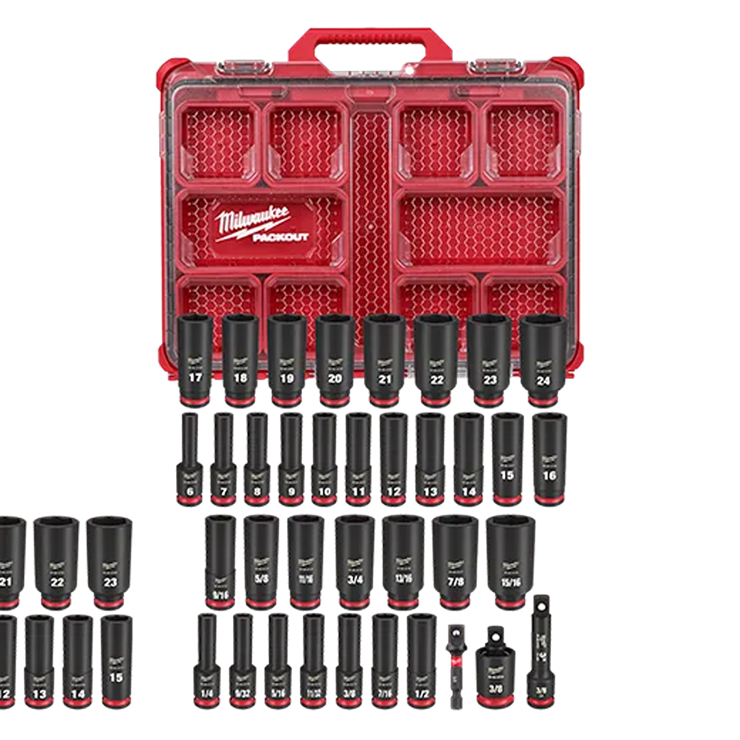 Red PACKOUT case with 36-piece impact duty sockets and 3/8 in. drive for hand tools and woodworking collections