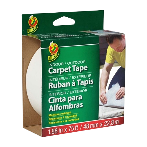 Green and white packaging of moisture resistant indoor and outdoor carpet tape for home improvement use