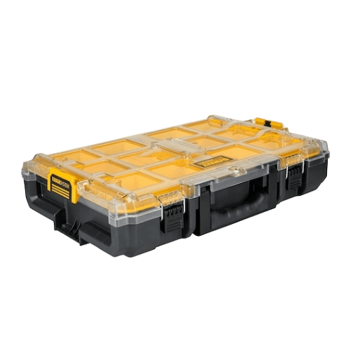 Black and yellow durable organizer case with clear top and secure latches for tools and home improvement storage