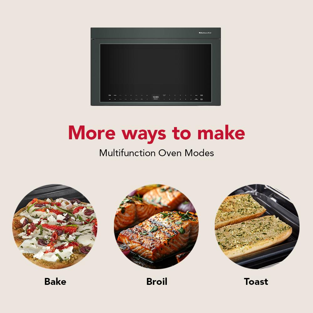 Multifunction microwave oven with bake, broil, and toast modes shown with fresh pizza, salmon, and garlic bread.