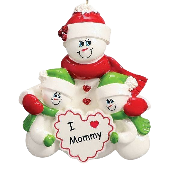 Snow family ornament with mother and two kids holding "I love Mommy" heart from Christmas Ornaments & Tree Decorations collection