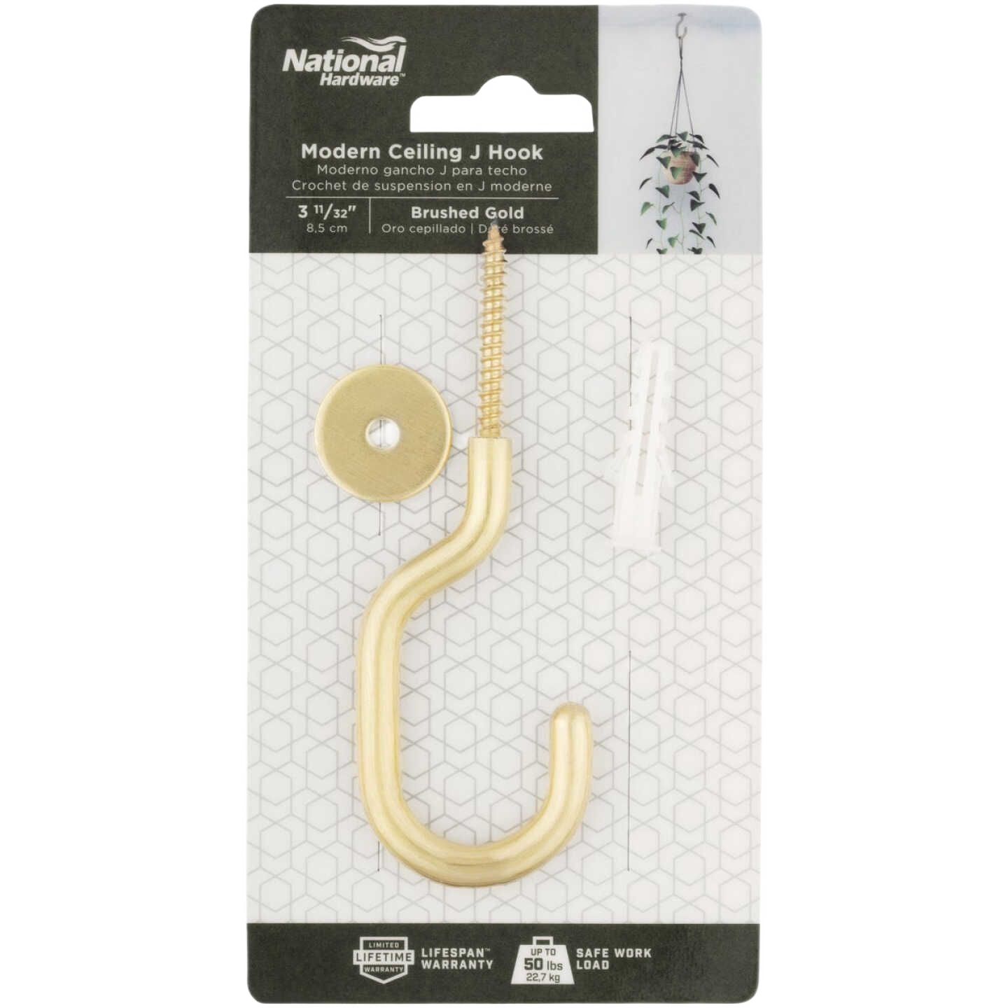 Brushed gold steel ceiling J-hook with screw and wall anchor for hanging plants and home improvement tasks