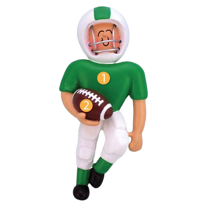 Personalized male football player ornament in green uniform holding brown football, Christmas tree decoration under 50 dollars