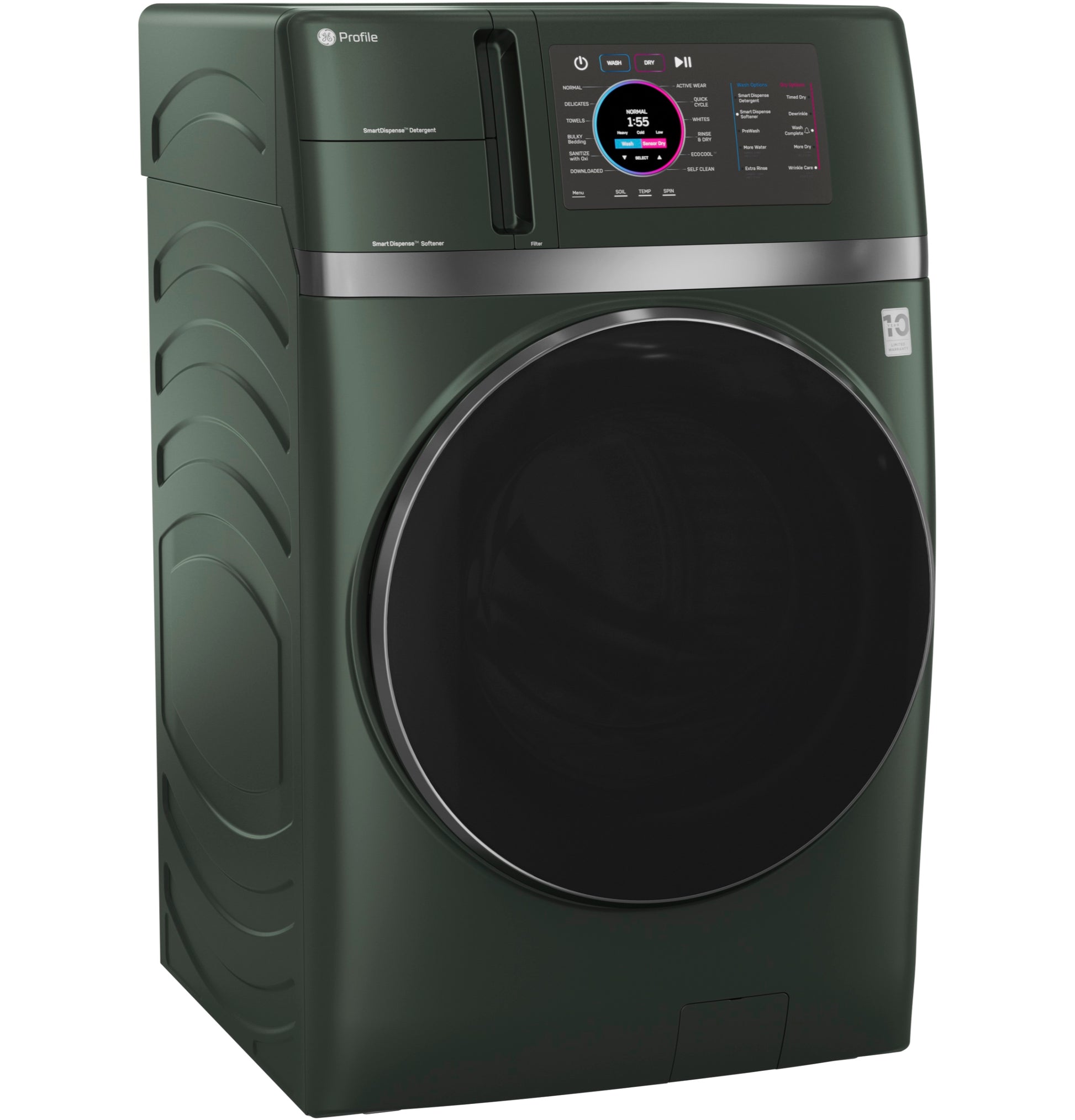 Dark green front load washer/dryer combo with digital touchscreen and sleek modern design in appliance laundry centers collection