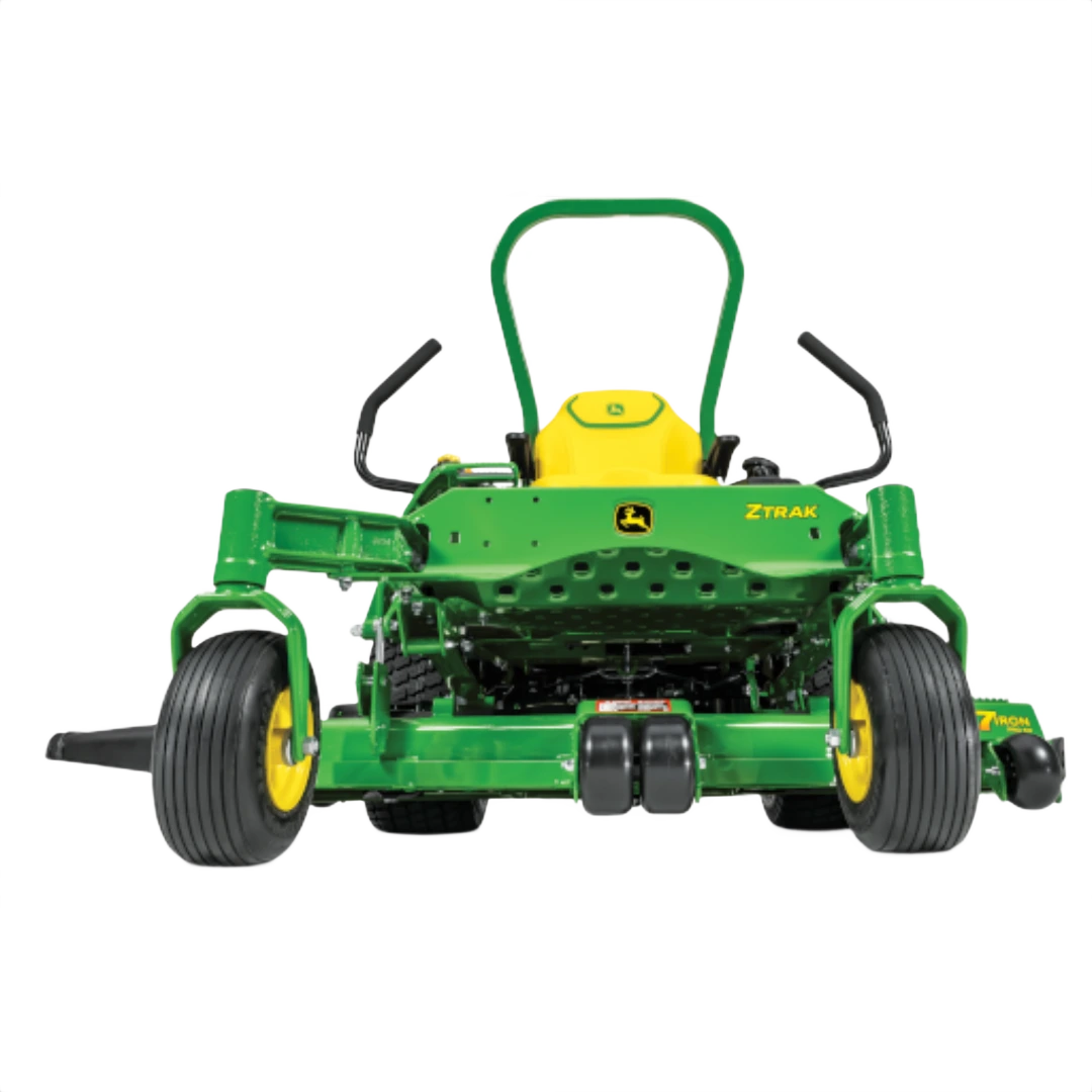 Front view of green and yellow zero-turn mower with wide cutting deck and ergonomic control handles for lawn care tasks