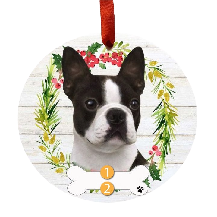 Round Christmas ornament featuring a Boston Terrier face with festive wreath and bone-shaped nameplate.