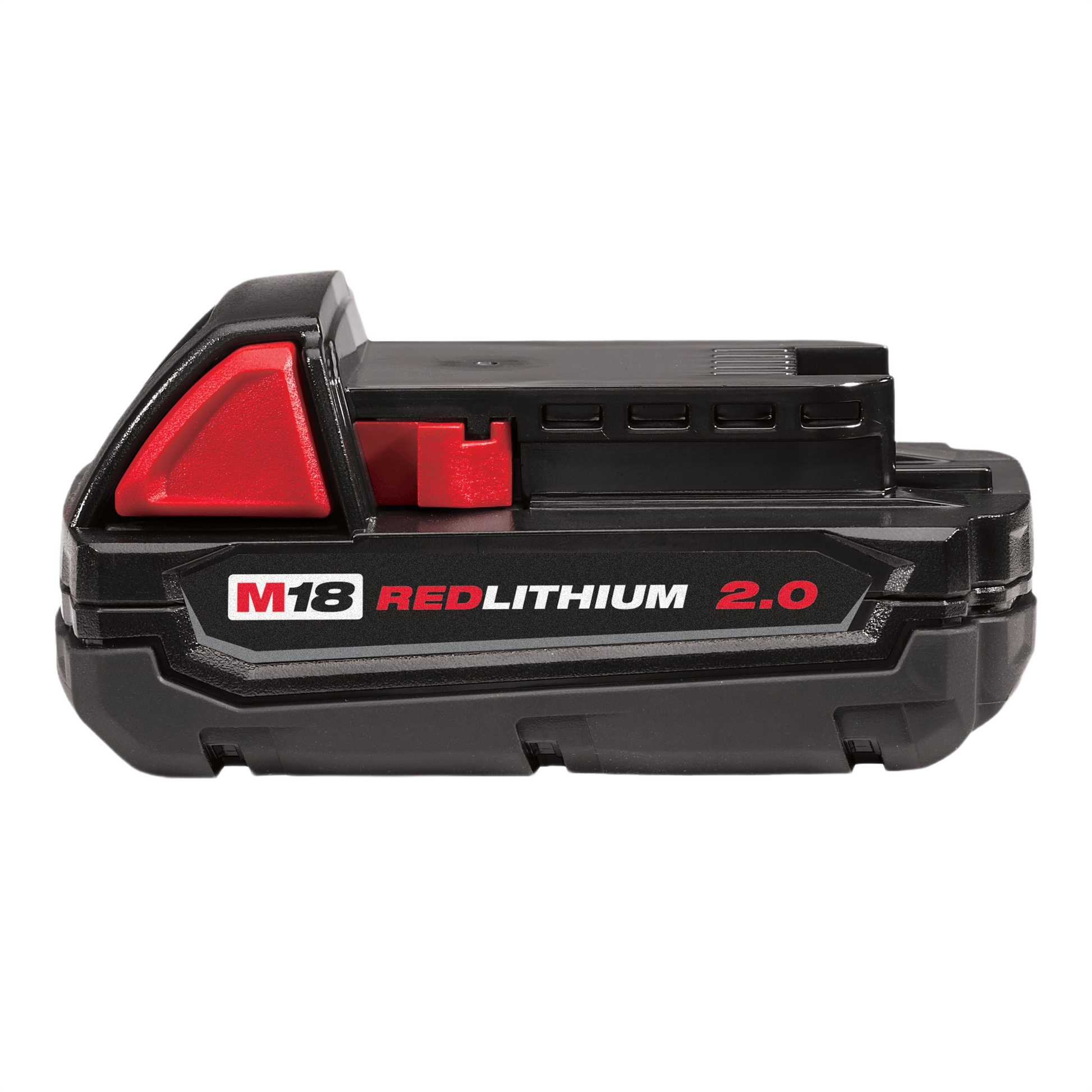 Compact black and red rechargeable power tool battery designed for cordless tools and home improvement projects