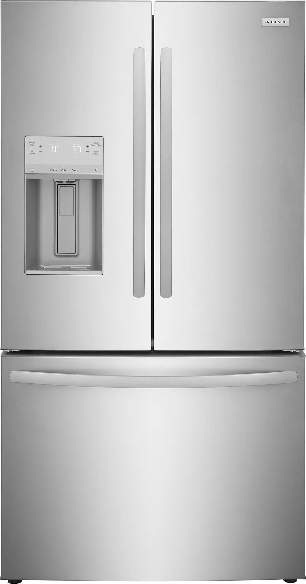 Stainless steel French door refrigerator with external water dispenser, digital display, and spacious freezer drawer in Appliances collection