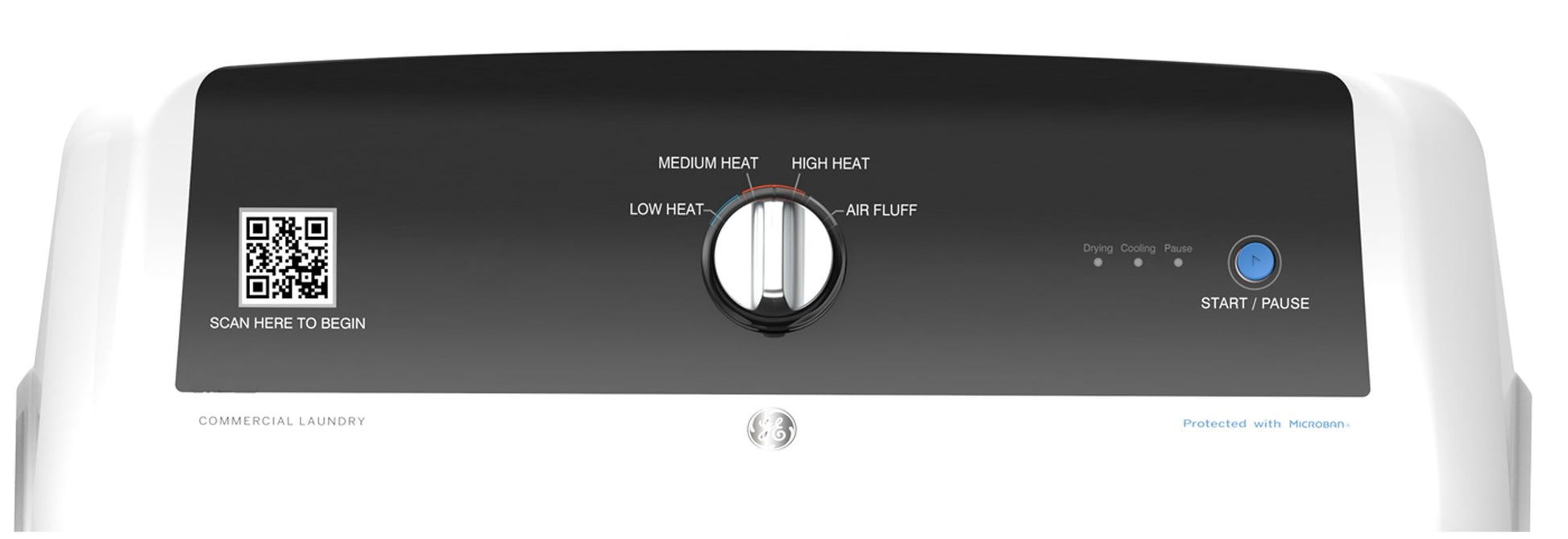Control panel of commercial electric dryer with heat settings dial, start button, and QR code for app in dryers collection