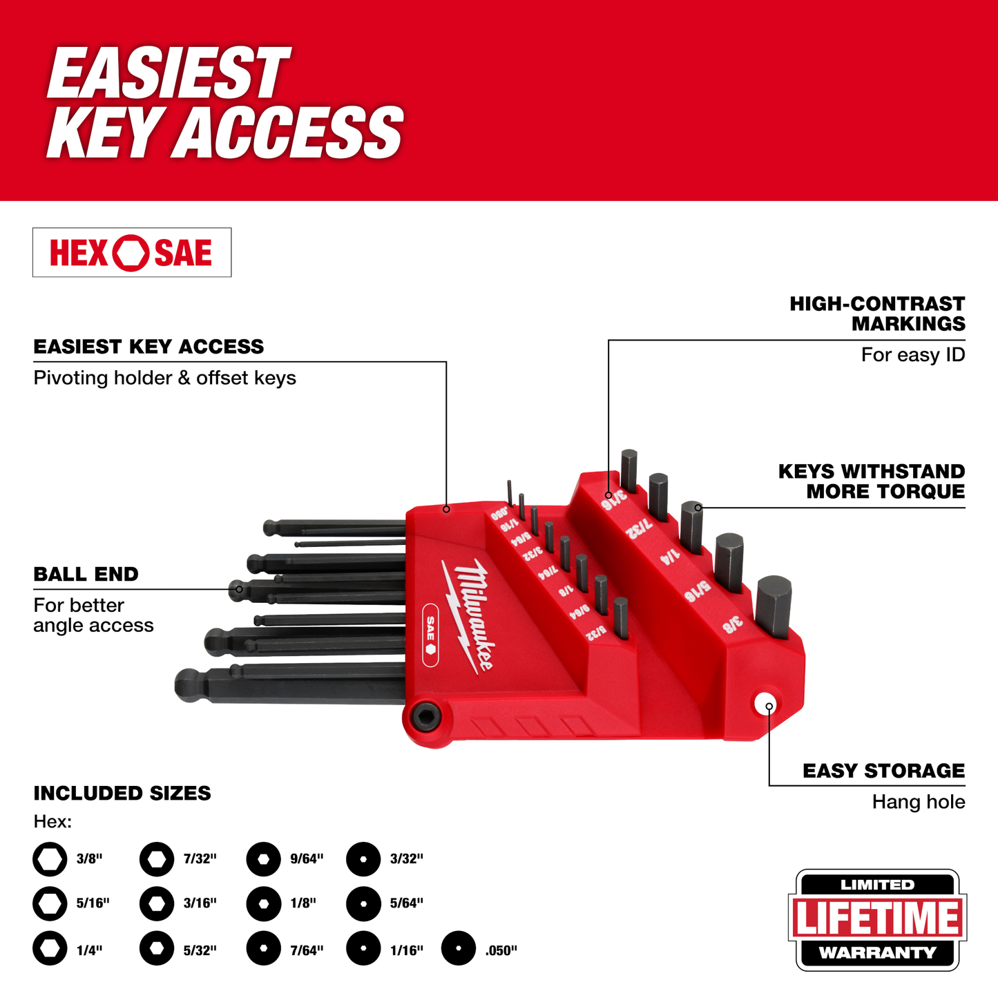 Red Milwaukee holder with 13 SAE ball end L-keys featuring high-contrast markings and pivoting design for home improvement tools.