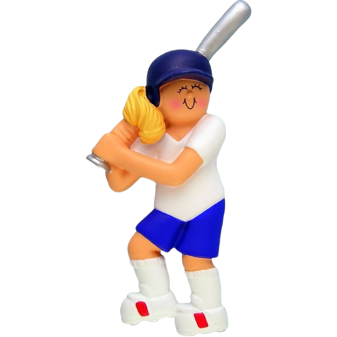 Blonde female softball player ornament in blue helmet, white shirt, and blue shorts for Christmas decoration