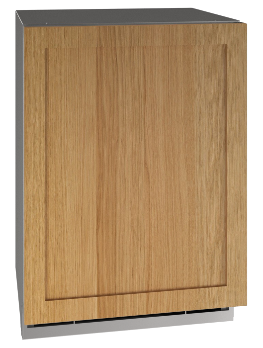 Built-in undercounter refrigerator with a natural wood-paneled door in kitchen and beverage appliance collection