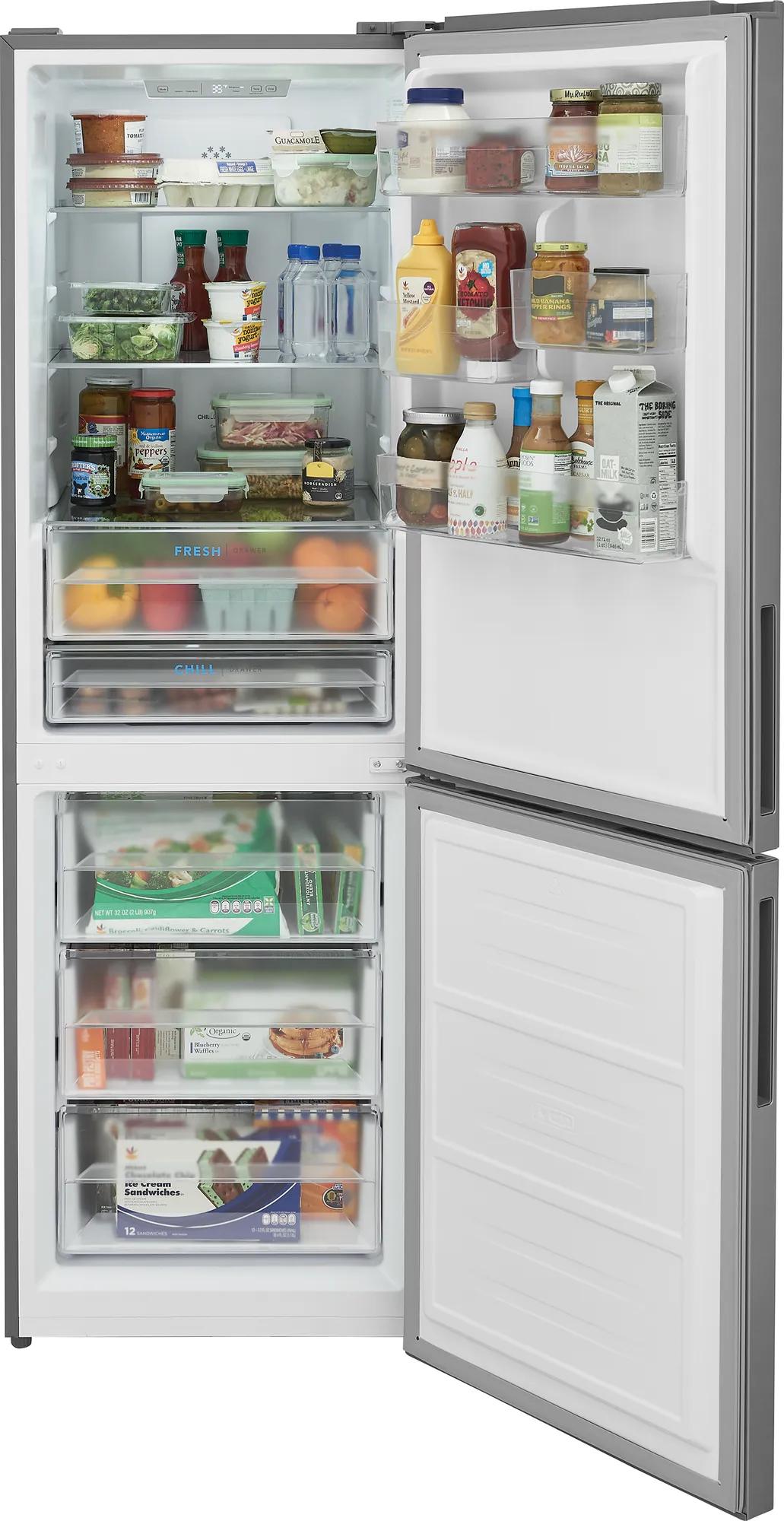Open garage ready bottom freezer refrigerator with organized interior shelving in kitchen and appliances collection